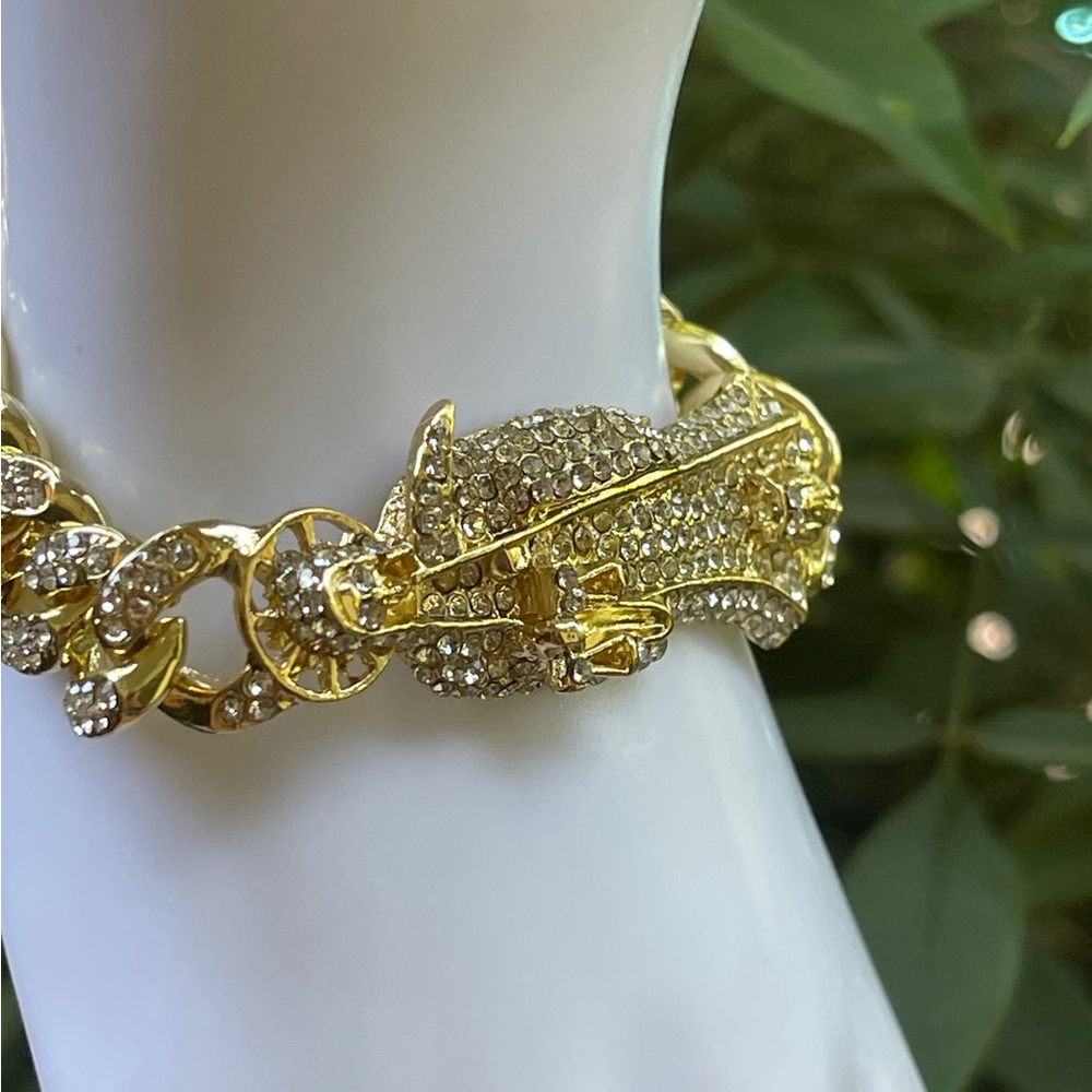 Grim Reaper Bracelet Full of Stones Luxurious GOLD PLATED/pulsera Santa Muerte - Picture 3 of 10